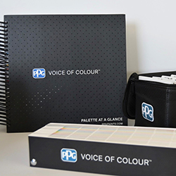 PPG Voice of Colour paint palette set with a spiral-bound color swatch book and a black zippered pouch.